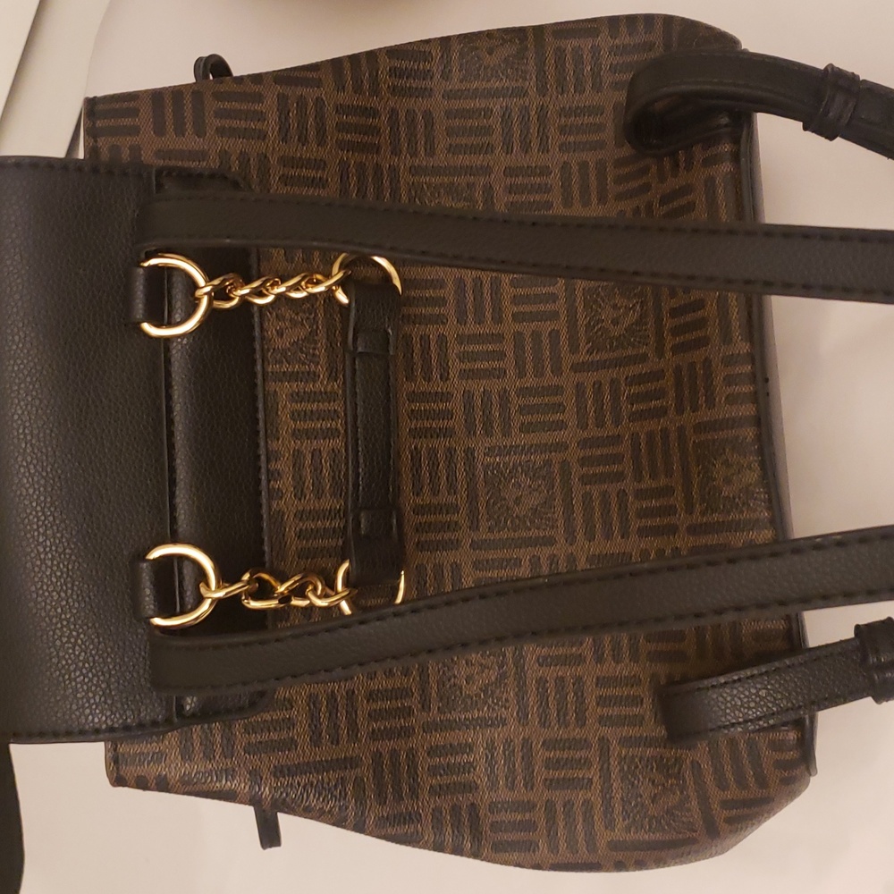 Anne Klein Elegant Black and Brown Mini Backpack Gold Drawstring Snap Closure - Picture 13 of 17